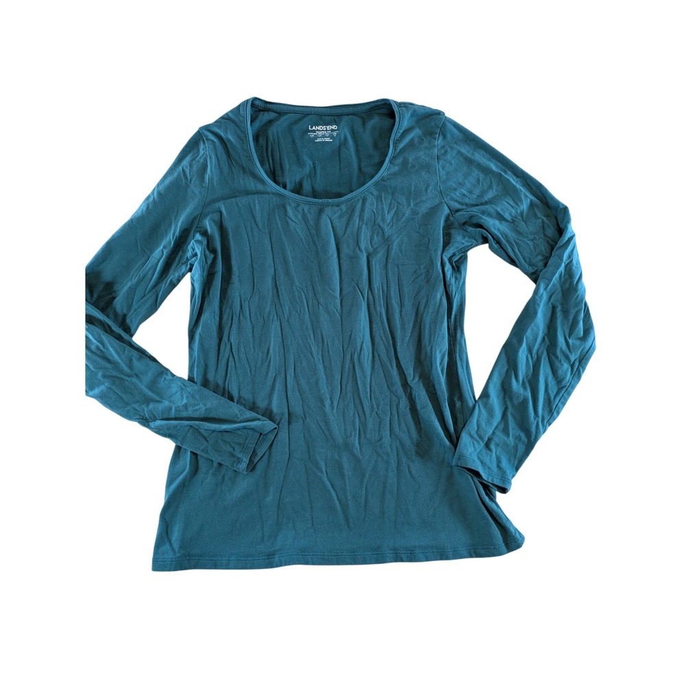 Lands End Womens Shaped Fit Scoop Neck Long Sleeve Cotton Modal Tee Teal Small